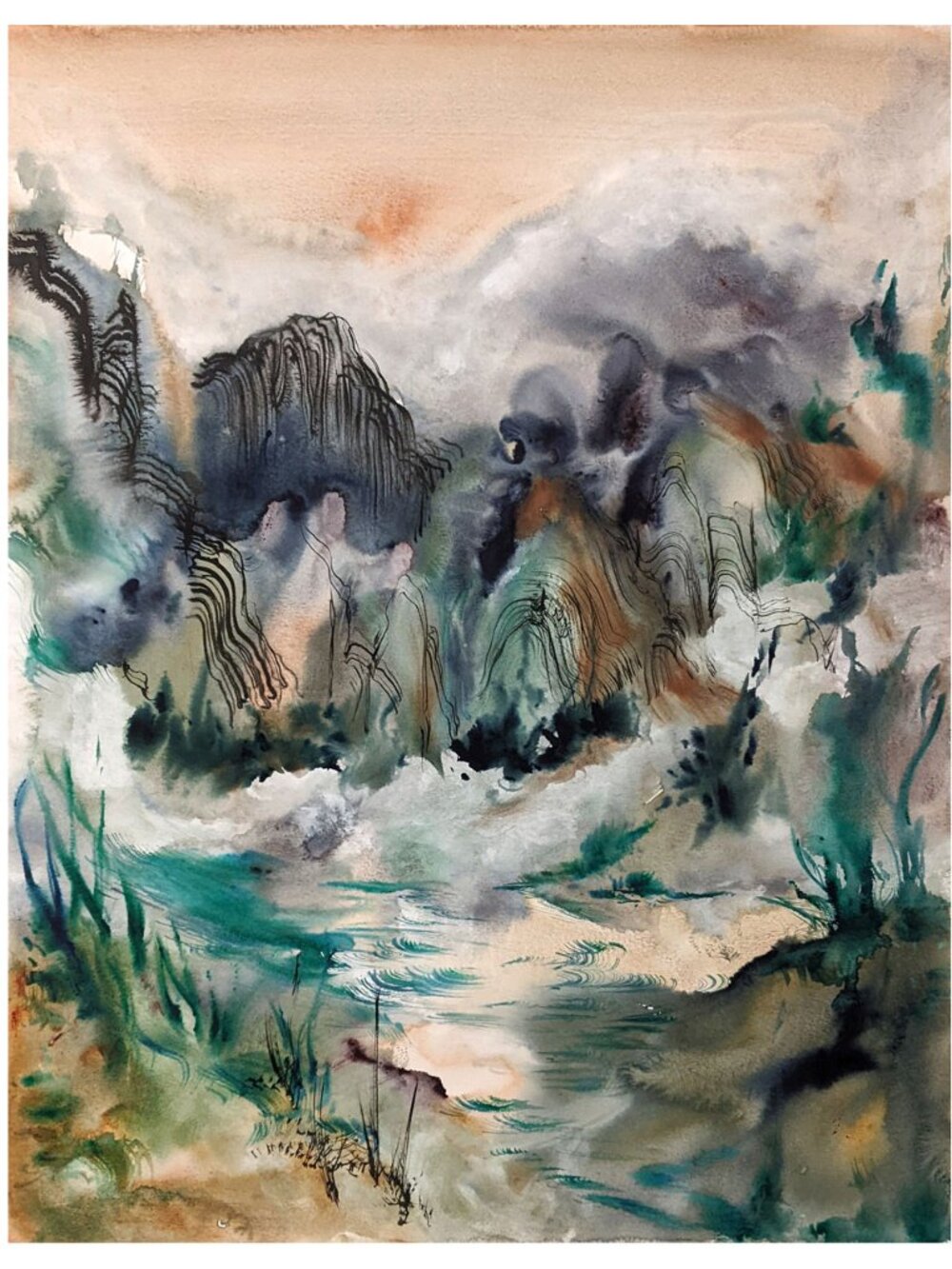 Mountain rive - Original Japanese ink and watercolor painting